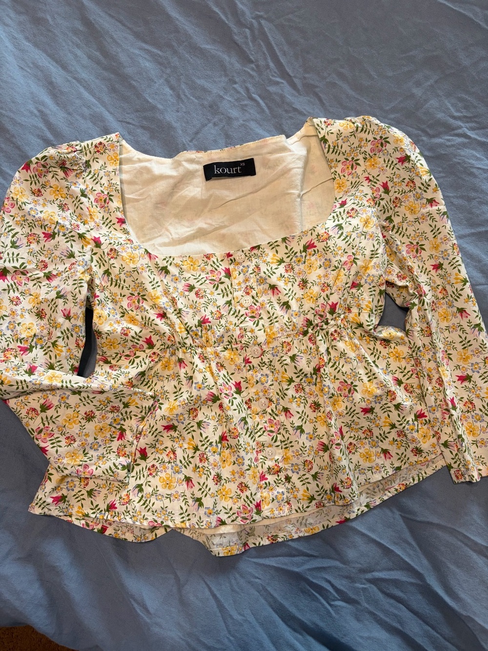 Kourt Floral Square-Neck Long Sleeve Top in Cream with Yellow & Pink Flowers